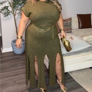 Eloquii Shimmering Olive Maxi Dress with Gold Details